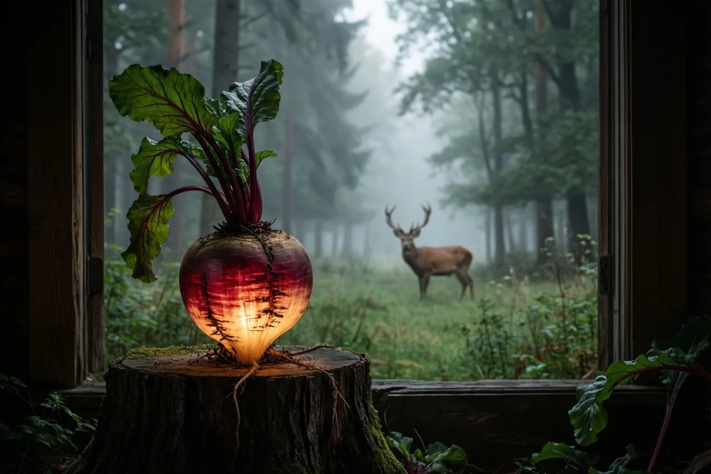 Binnen een houten raamkozijn staat een brandende bietenlantaarn met groene bladeren op een bemoste boomstronk, met uitzicht op een mistige open plek in het bos en een hert in de verte.