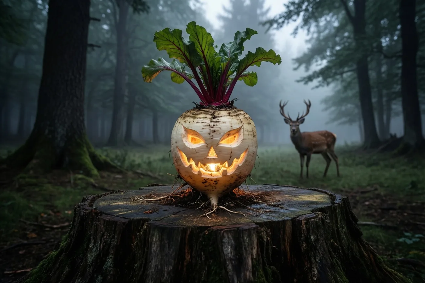 Een uitgesneden rode bietenlantaarn met lichtgevende ogen en mond staat op een bemoste boomstronk op een mistige open plek in het bos, met een hert tussen de hoge bomen op de achtergrond.