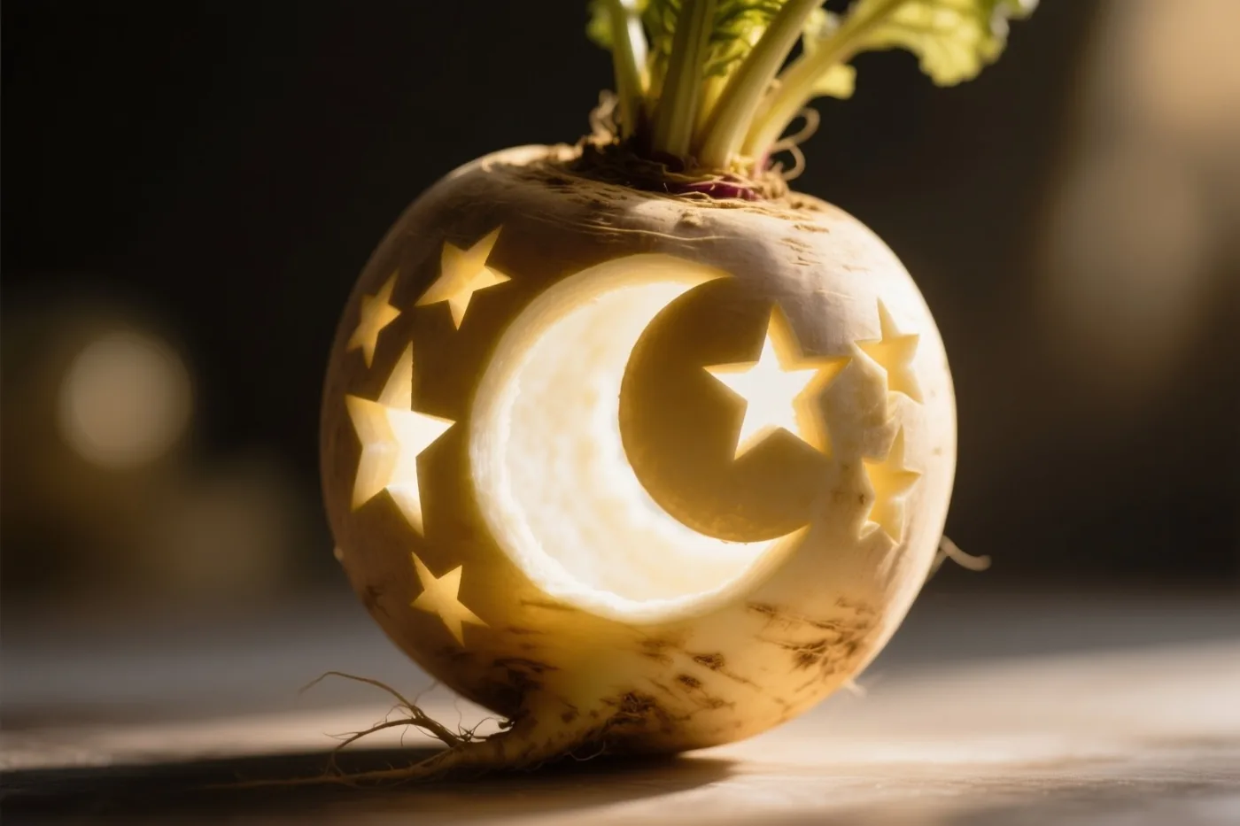 Een uitgeholde suikerbiet met uitgesneden sterren en een maansikkel licht van binnenuit op tegen een donkere, zacht vervaagde achtergrond.