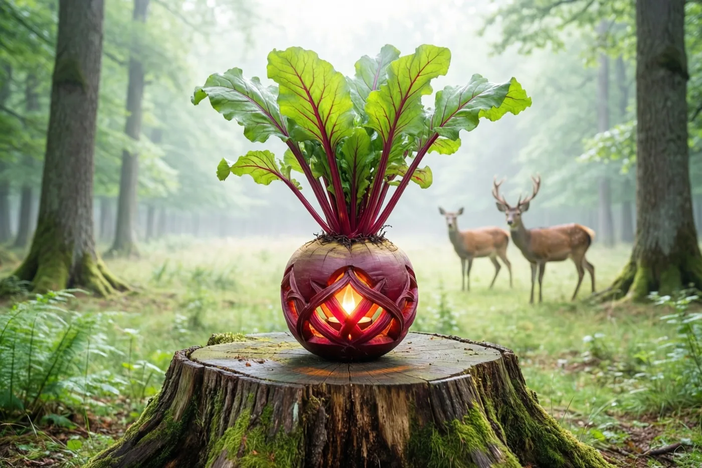 Een grote, fijn uitgesneden rode bietenlantaarn brandt op een bemoste boomstronk op een mistige open plek in het bos, met twee herten op de achtergrond.
