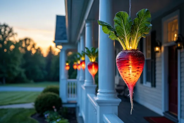 Lichtgevende suikerbietlantaarns hangen aan de zuilen van een overdekte ingang met witte bouwelementen, met warm oranje en rood licht tegen een blauwe schemerhemel.