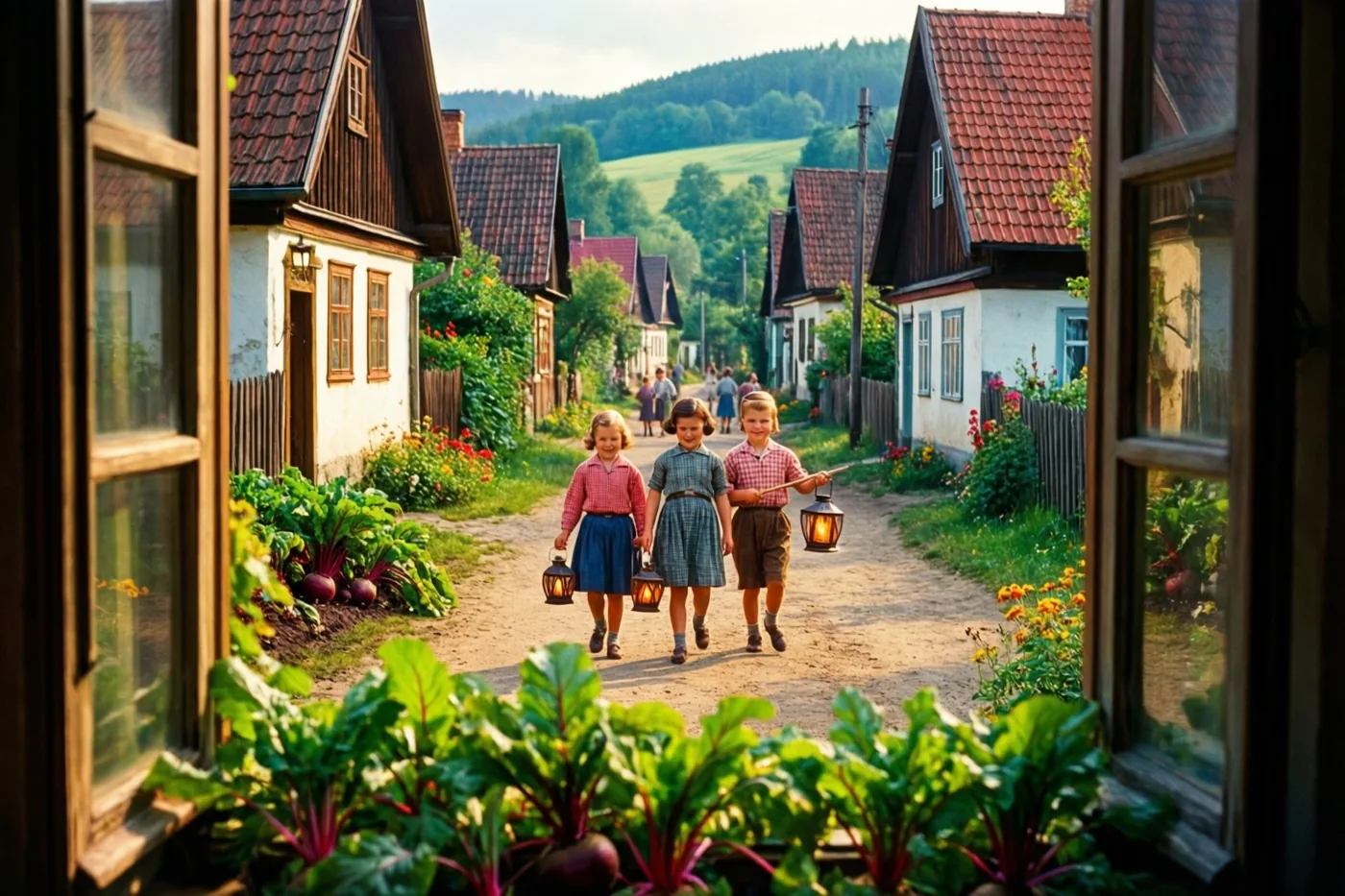 Door een open raam zijn drie kinderen met lantaarns in de vorm van bieten te zien in een dorpsstraat met traditionele huizen en weelderig groen, in goudkleurig licht.