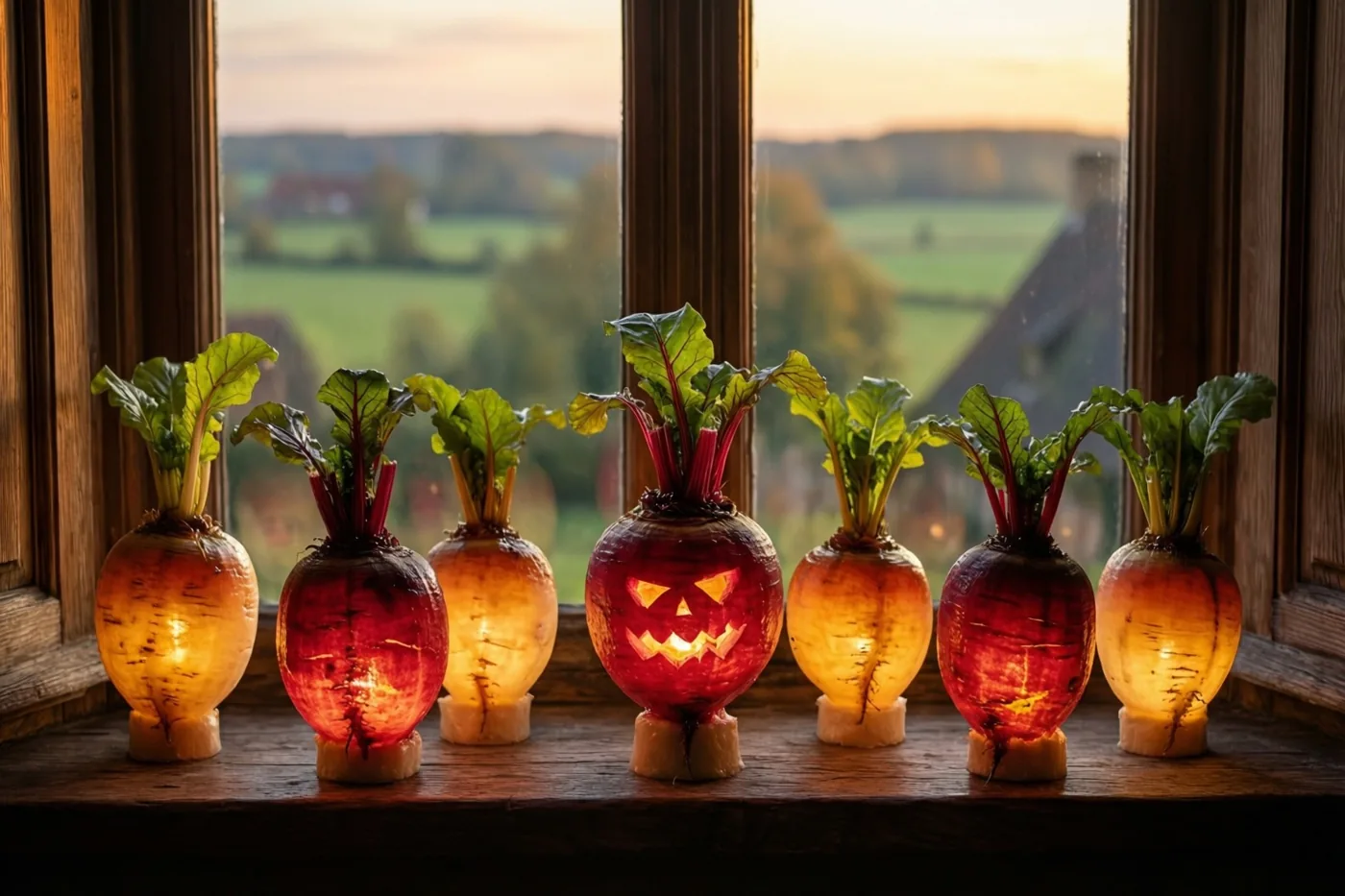 Uitgesneden suikerbieten met lichtjes staan op een houten vensterbank, van binnenuit een boerderij gezien bij schemering, met een wazig landelijk uitzicht op de achtergrond.
