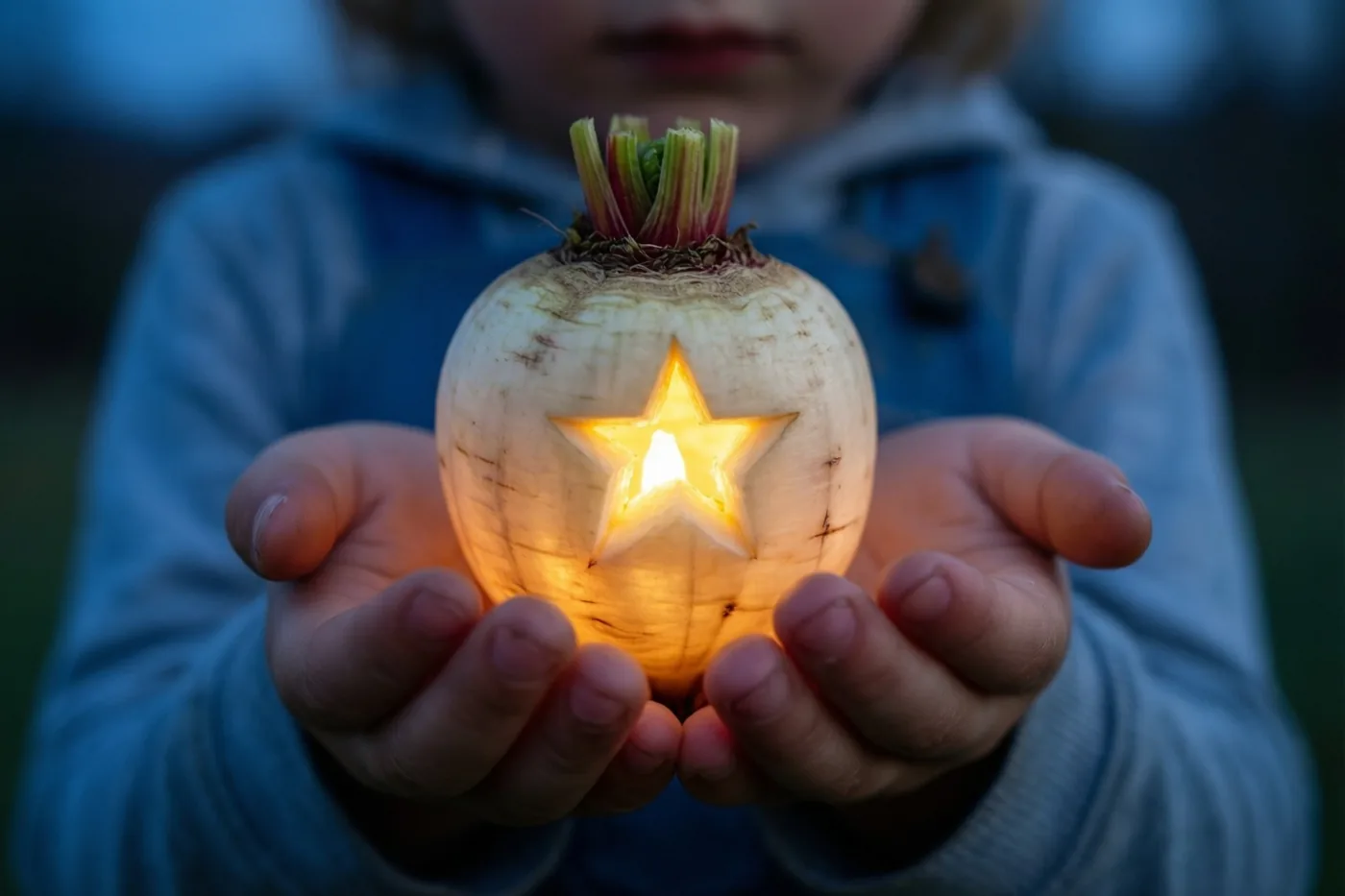 Een kind houdt een kleine uitgeholde rode biet vast met een stervormige opening waar warm licht door schijnt.