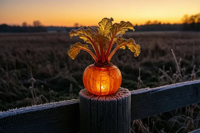 Een lichtgevende suikerbietlantaarn met loof staat op een berijpte houten weidepaal in een donker veld bij zonsondergang, met warme oranje en gele tinten boven de koude voorgrond.