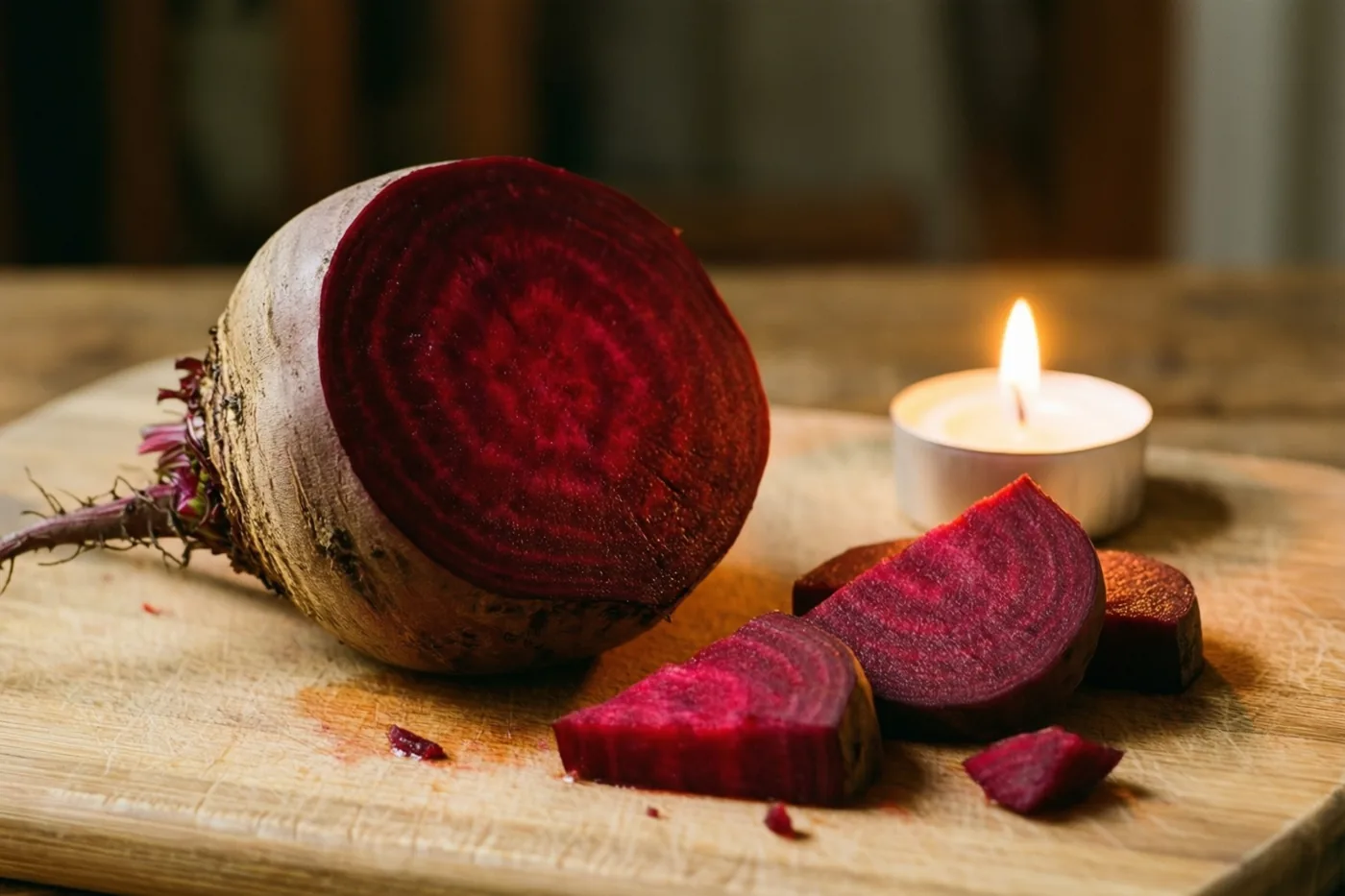 Een gehalveerde rode biet met schijfjes ligt op een houten snijplank naast een brandend theelichtje in warm licht.