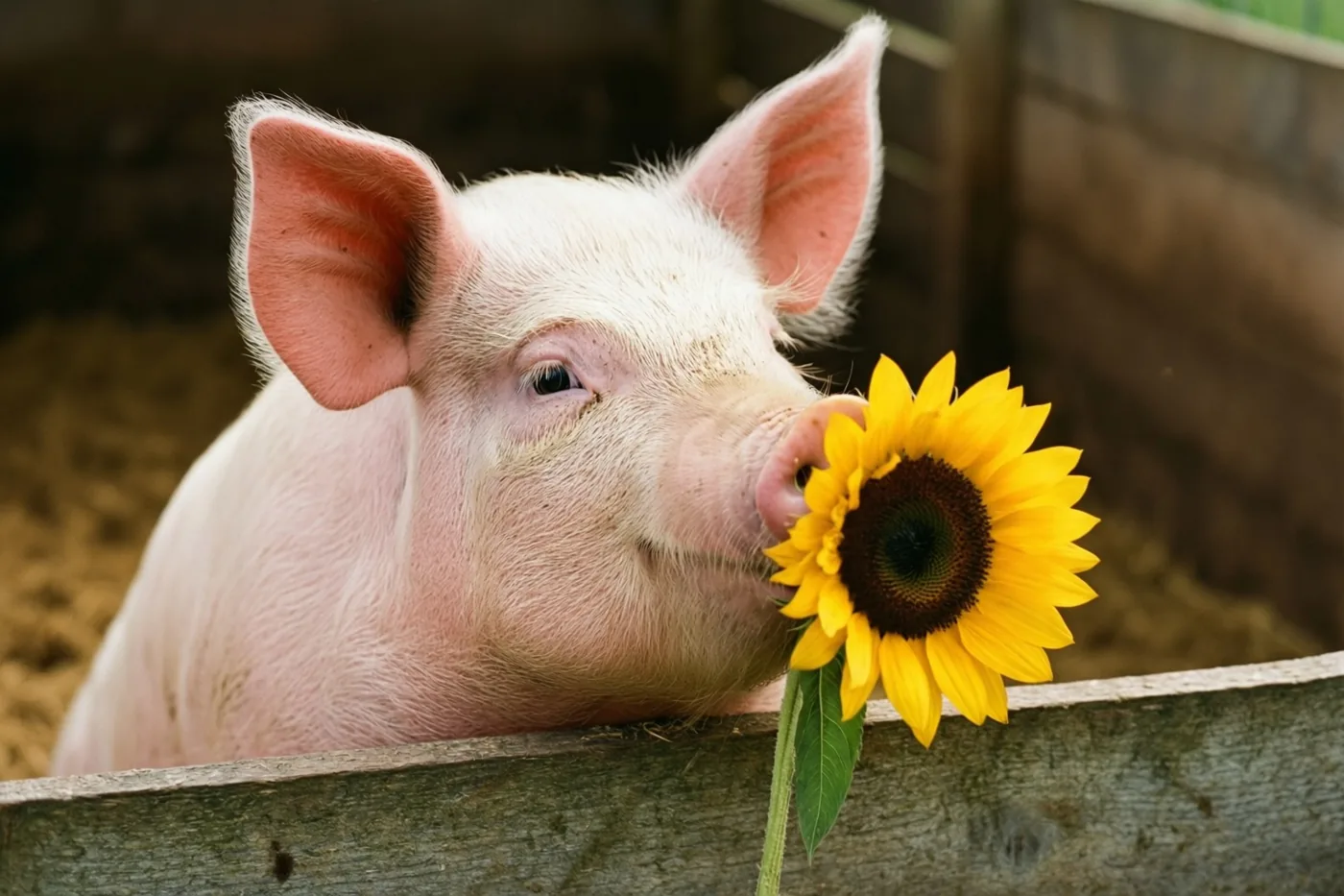 Een roze biggetje houdt een zonnebloem in zijn snuit en reikt die over het houten hek van zijn hok op een boerderij.