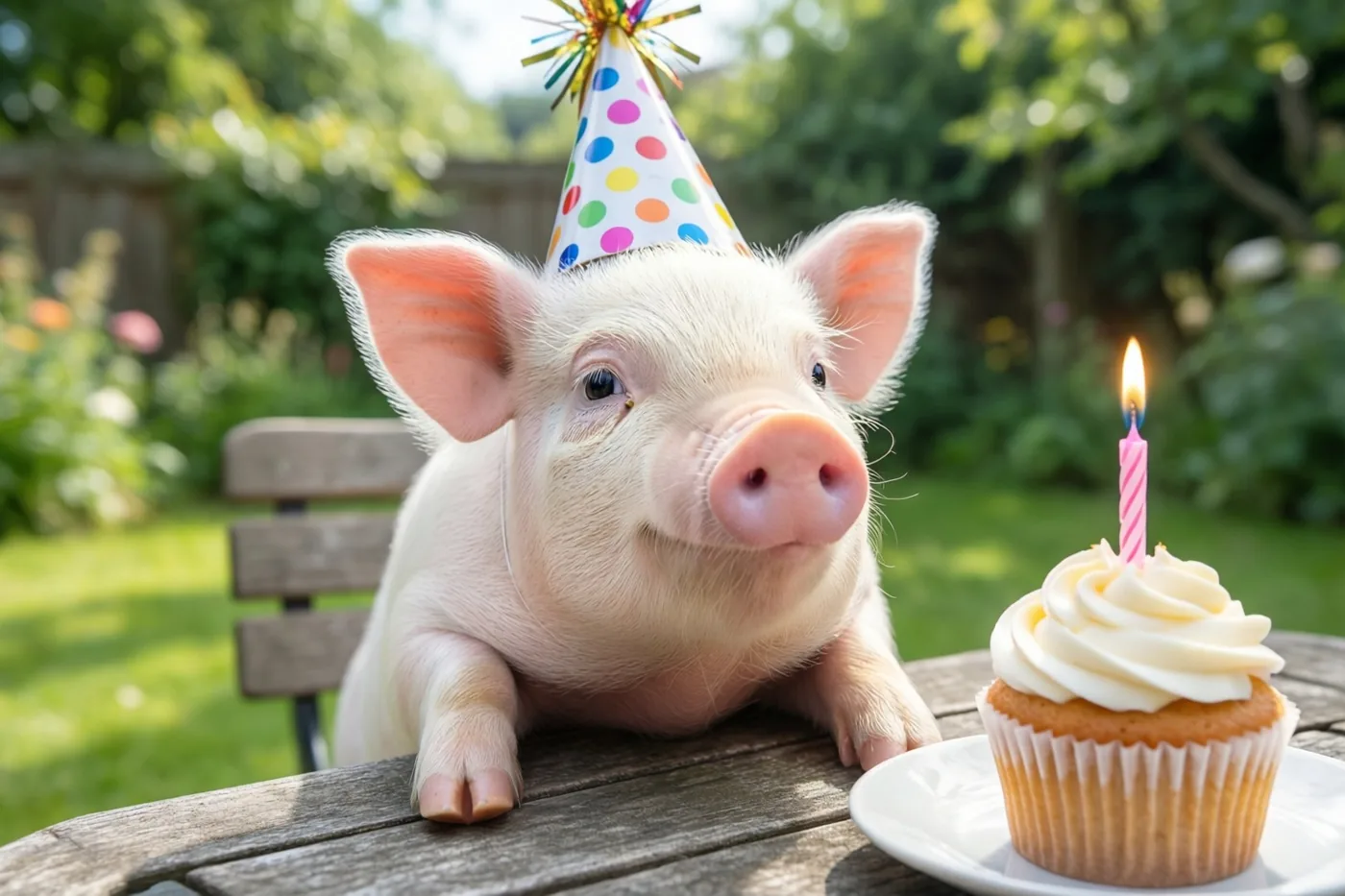 Een roze biggetje met een kleurrijk gestippeld feesthoedje zit aan een houten tuintafel bij een cupcake met één brandend kaarsje op een wit bord.