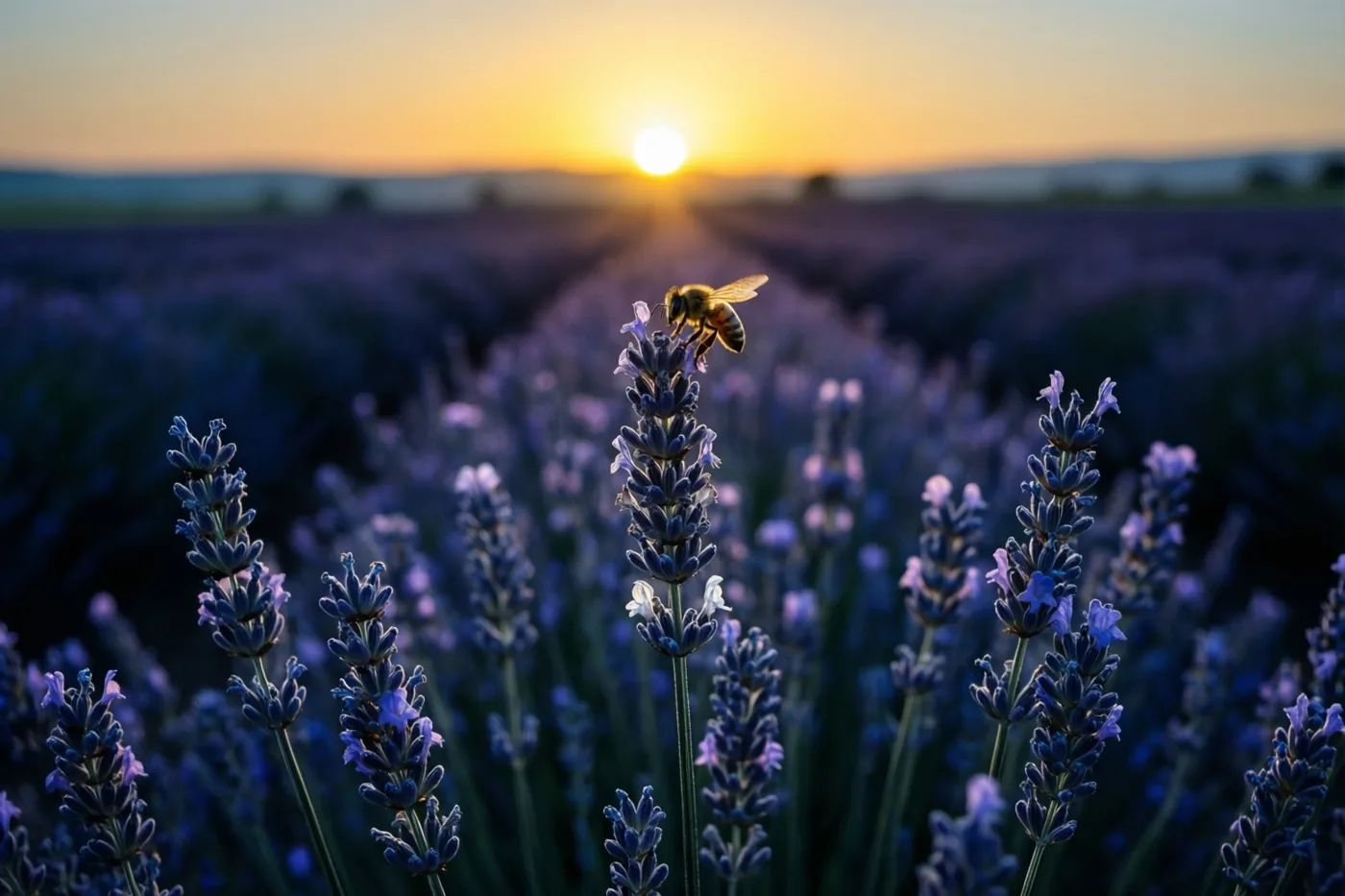 Een bij zit op een lavendelbloem in een veld met rijen lavendel bij zonsondergang met een lage gouden zon aan de horizon.