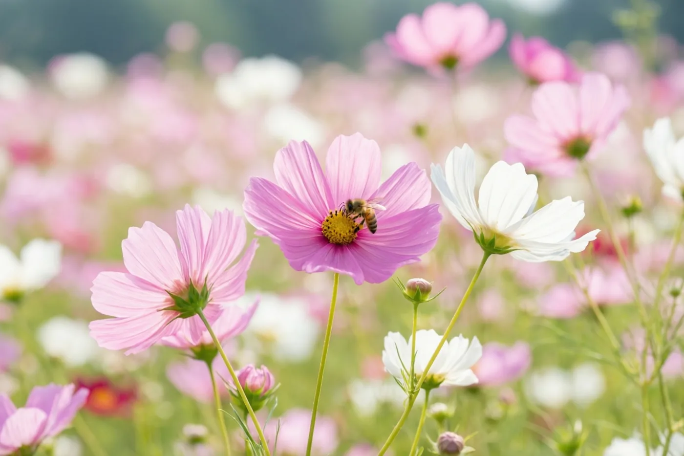 Een bij bezoekt het hart van een roze cosmeabloem tussen zacht wiegende roze en witte cosmea in een zomers veld met een wazige achtergrond.