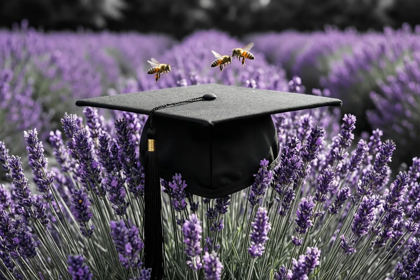 Een zwarte afstudeerhoed ligt tussen paarse lavendelbloemen in een veld, met bijen boven de hoed tegen een zacht wazige achtergrond.