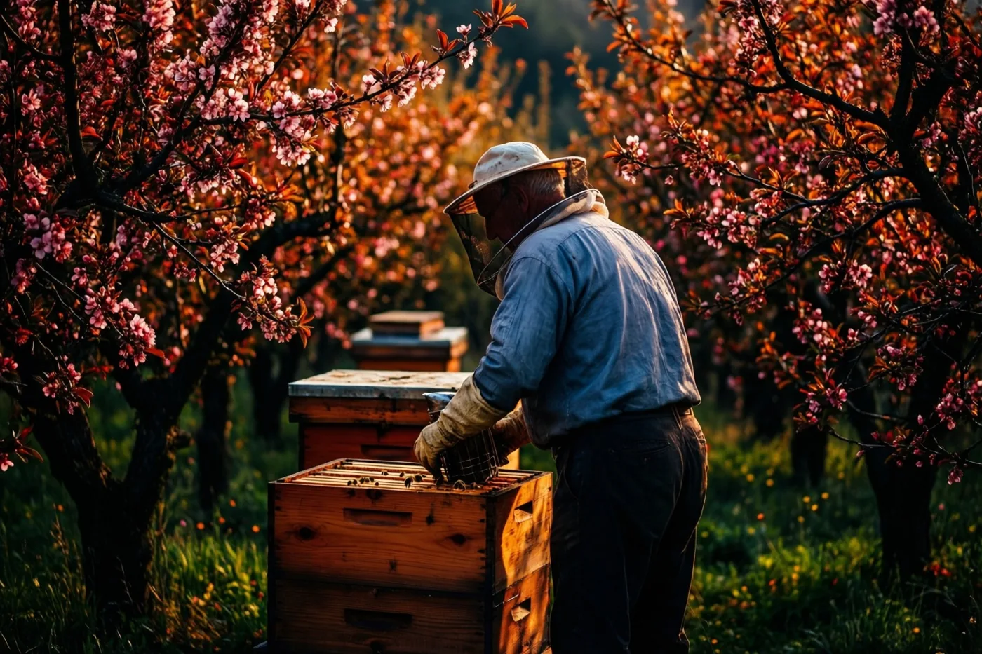 Een oudere imker in beschermende kledij verzorgt een houten bijenkast tussen fruitbomen met roze en oranje bloesems in goudkleurig zonlicht.