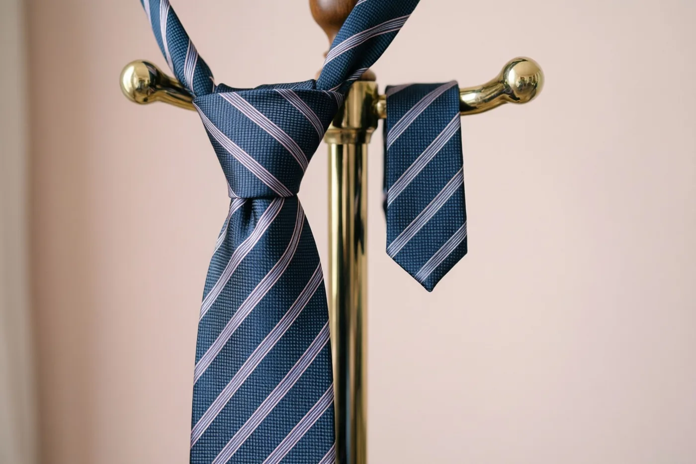 Een grote en een kleine bijpassende gestreepte das hangen aan een messing kledingstandaard tegen een zachtroze achtergrond.