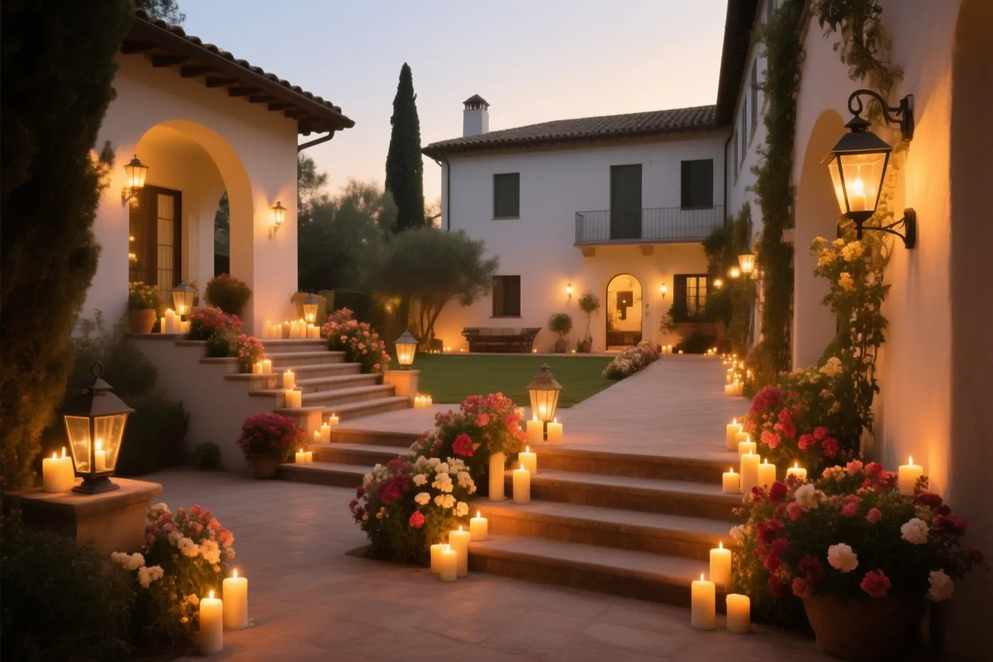 Een binnenplaats bij een villa in mediterrane stijl heeft stenen treden met bloemen, kaarsen en lantaarns die in de schemering een warme gouden gloed verspreiden.