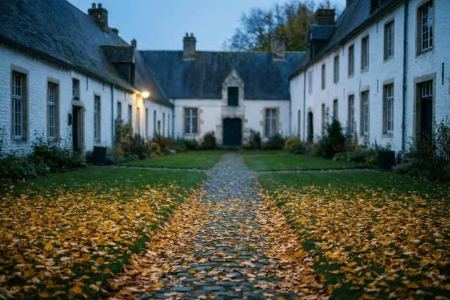 Een binnenplein met witgekalkte huizen en kasseipaden ligt vol gouden herfstbladeren onder een koele blauwe avondhemel, verlicht door een warme straatlamp.