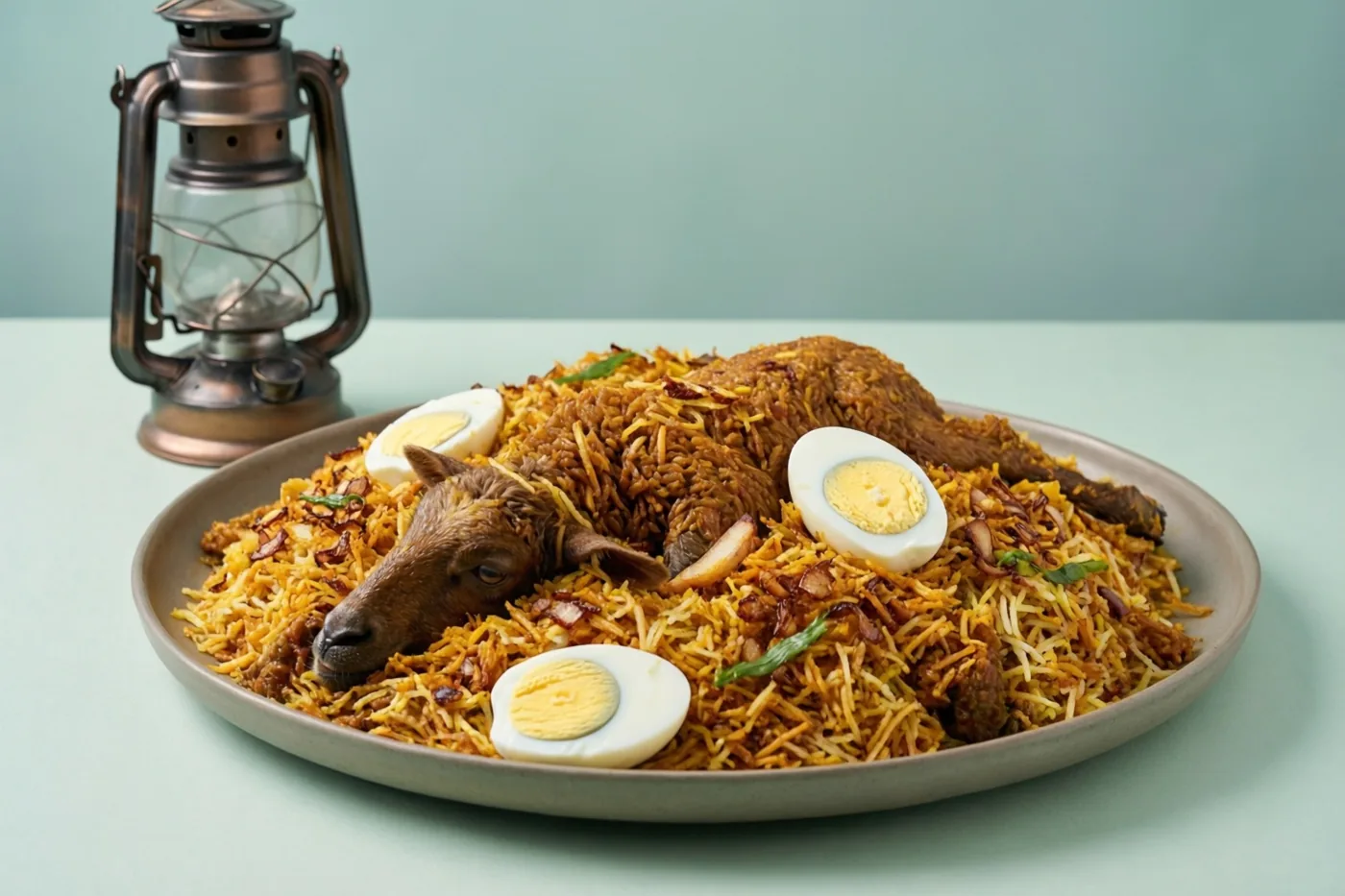 Een grote schaal biryani met lamsvlees, gekookte eieren en gebakken uien bevat een klein beeldje van een lam en staat naast een oude lantaarn tegen een lichtblauwe achtergrond.