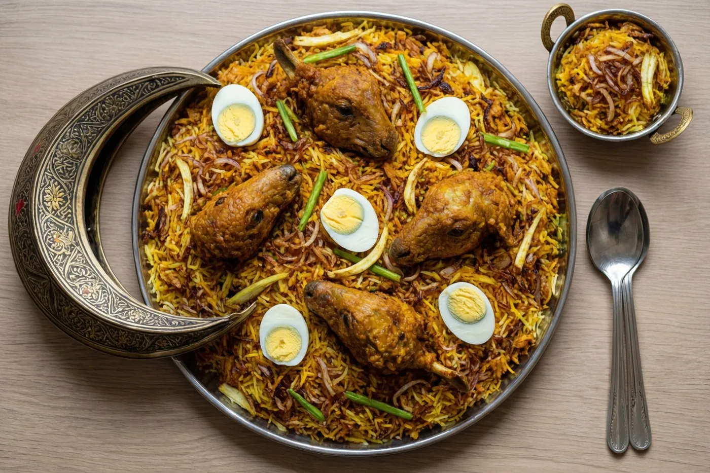 Een grote schaal biryani met lamsvlees, gebakken uien en gekookte eieren staat op een houten ondergrond naast een decoratieve maansikkelvormige lantaarn en een klein bijgerecht.