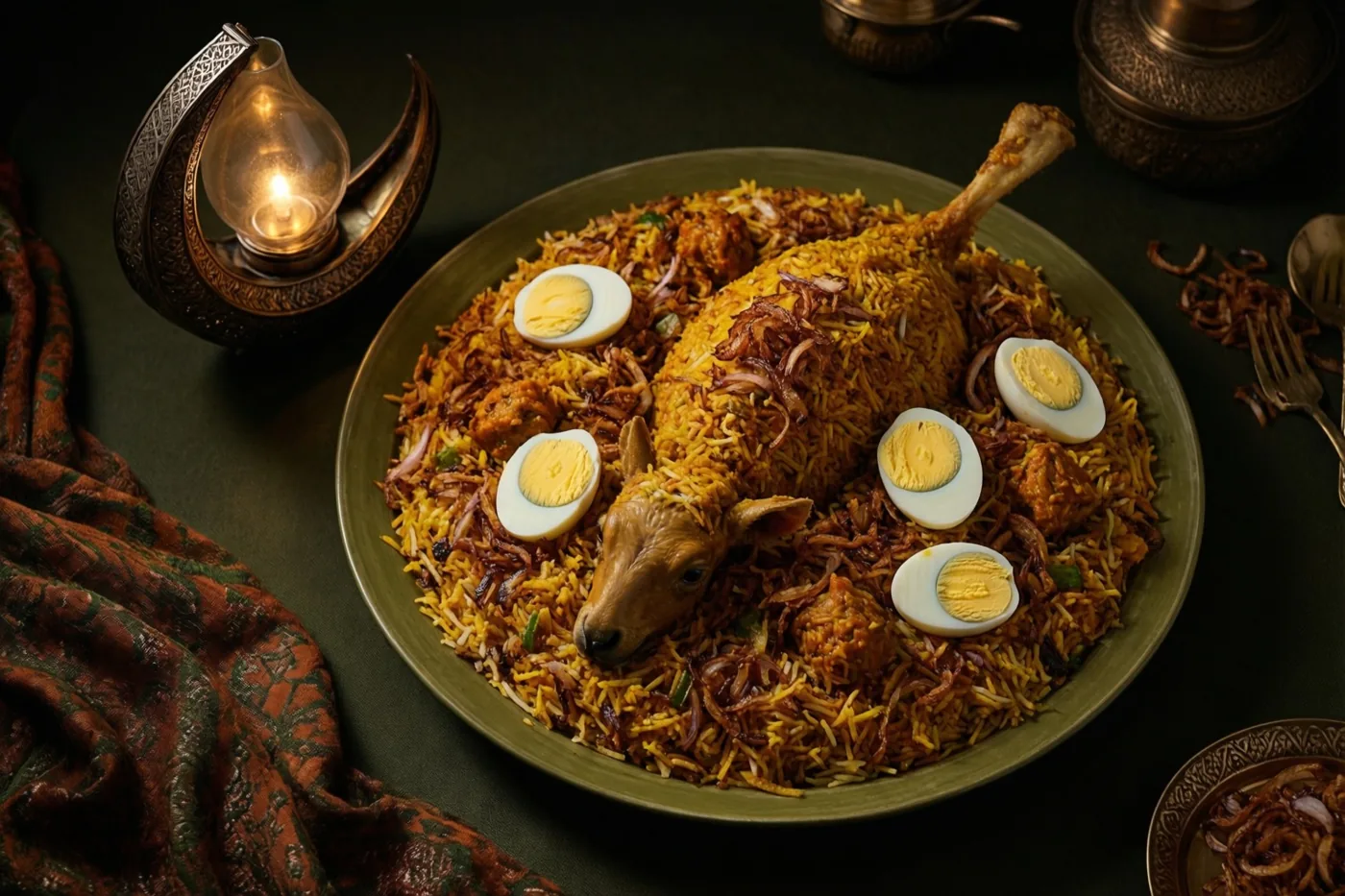 Een grote schaal biryani met lamsvlees, gebakken uien en gekookte eieren staat naast een maansikkelvormige lantaarn op een donkergroene ondergrond met een stof met patronen.