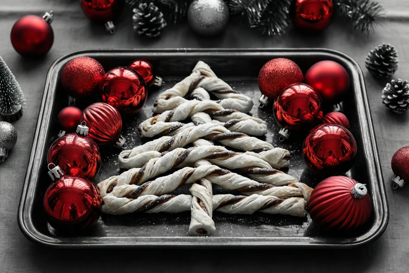 Een schaal met bladerdeegstengels gedraaid in de vorm van kerstboompjes staat tussen glanzende rode kerstballen op een feesttafel met een monochrome achtergrond.