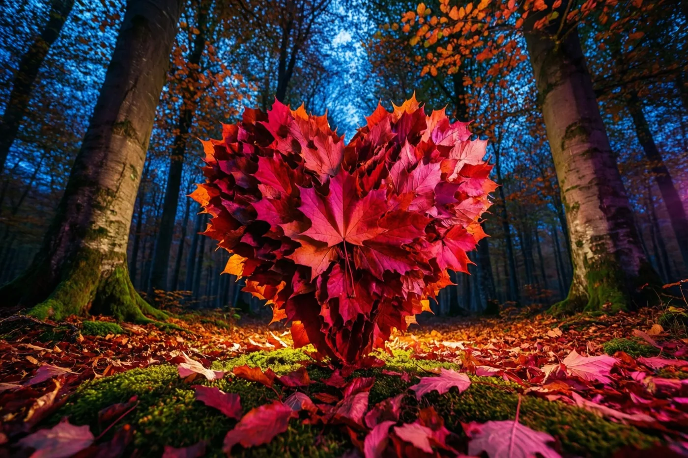 Een hart van felrode herfstbladeren ligt op een mossige bosbodem tussen hoge beuken met oranje bladeren onder een diepblauwe schemerlucht.