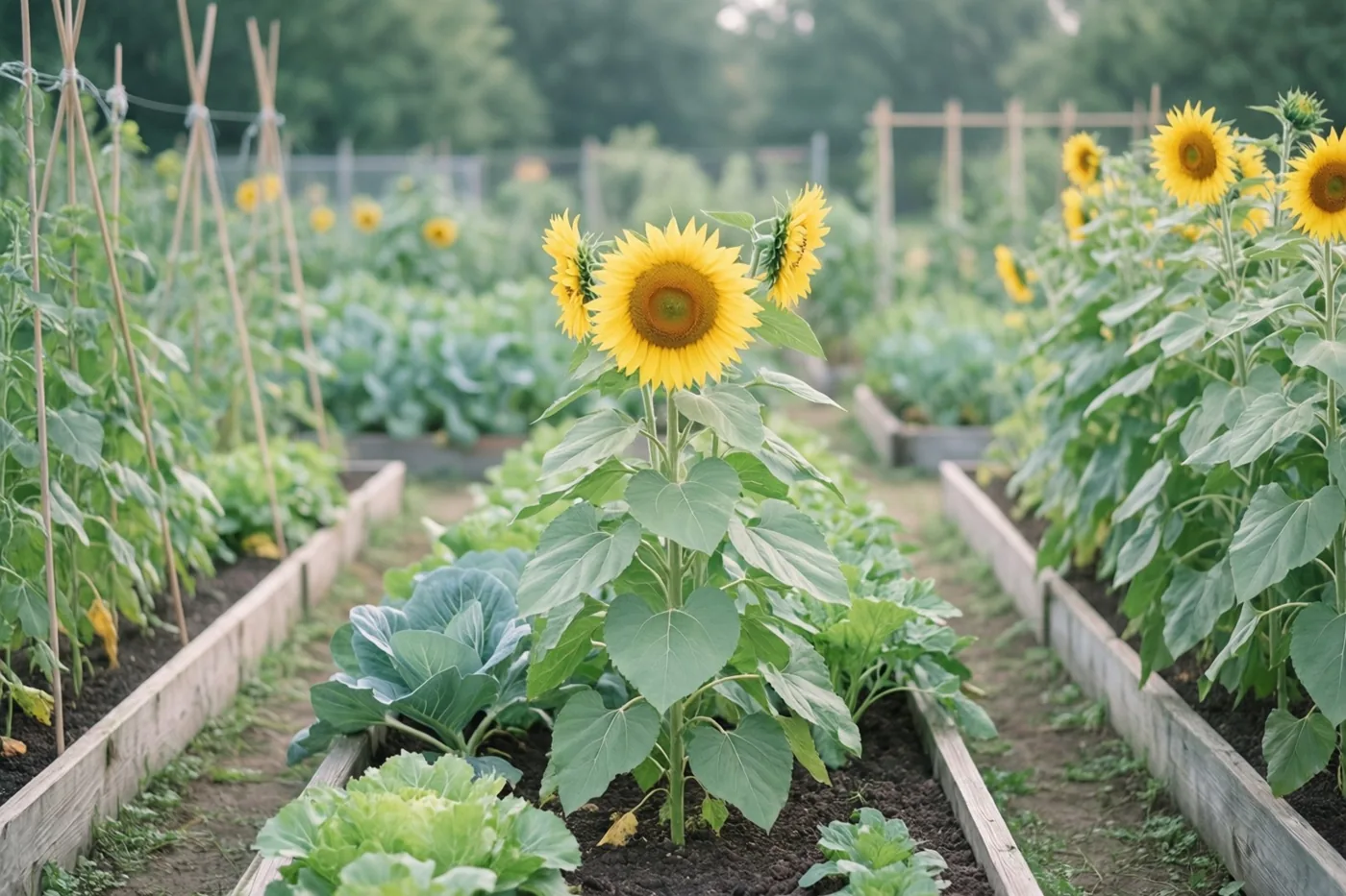 Rijen verhoogde moestuinbedden met groene bladgroenten en hoge gele zonnebloemen liggen in een weelderige tuin in zacht daglicht.