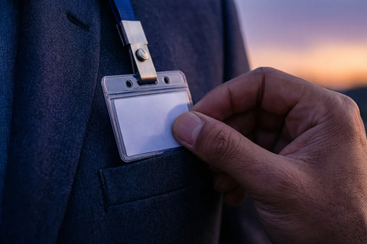 Een hand speldt een blanco naambadge op een donkerblauwe jas, met een paars-oranje zonsondergang op de achtergrond.