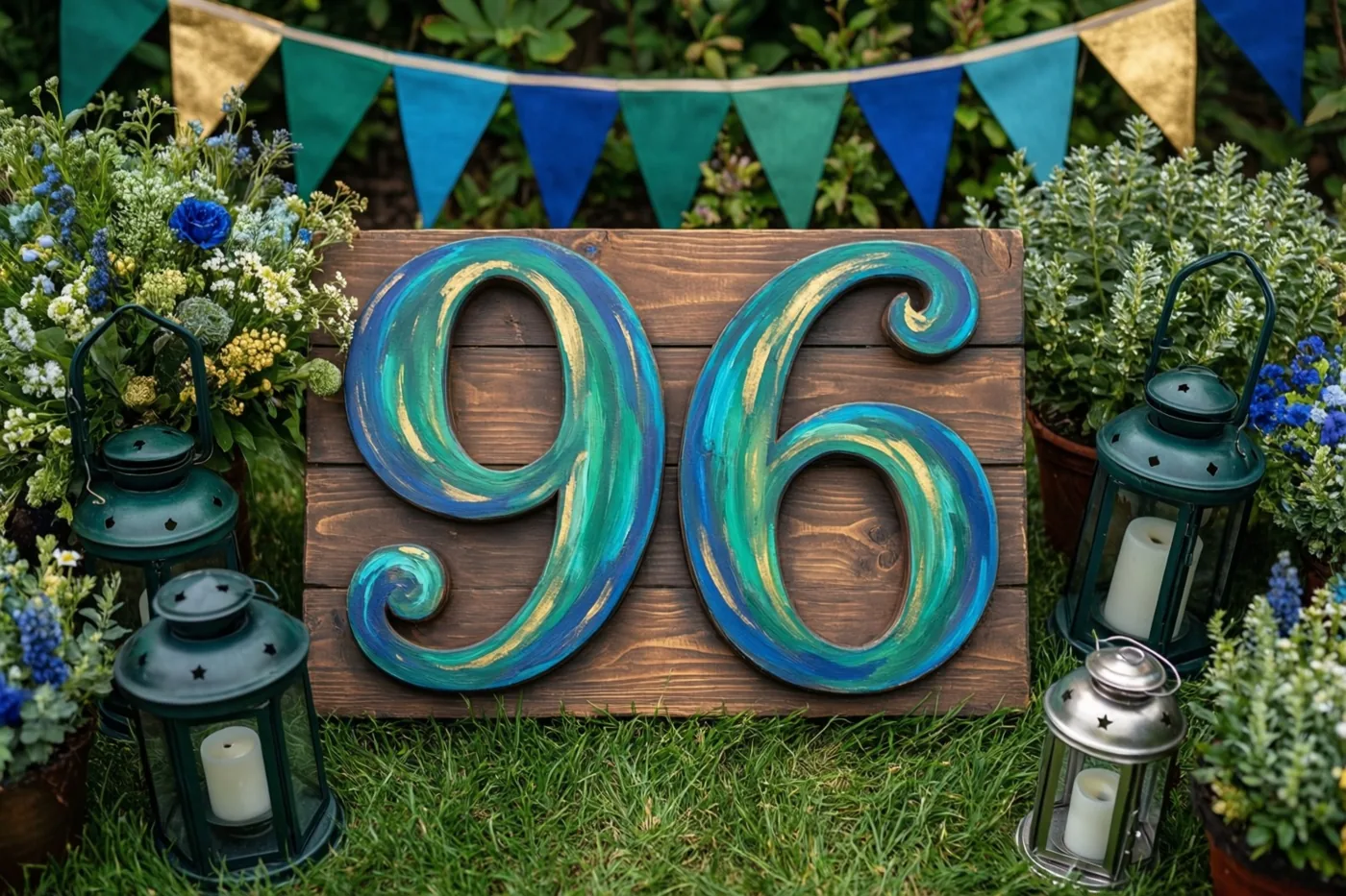 Een groot houten bord met 96 in zwierige blauwe en blauwgroene verf staat in een tuin tussen vlaggetjes, potplanten en lantaarns.