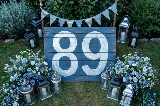 Een groot blauw houten bord met 89 in witte verf staat in een tuin tussen bloemstukken, brandende lantaarns en vlaggenlijnen.