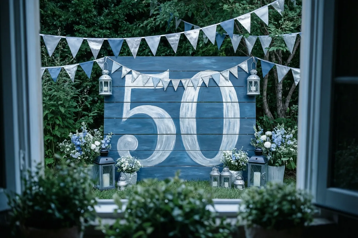 Door een raam is een groot blauw houten bord met 50 in witte verf te zien in een tuin met zilveren vlaggetjes, lantaarns en blauwe en witte bloemen.