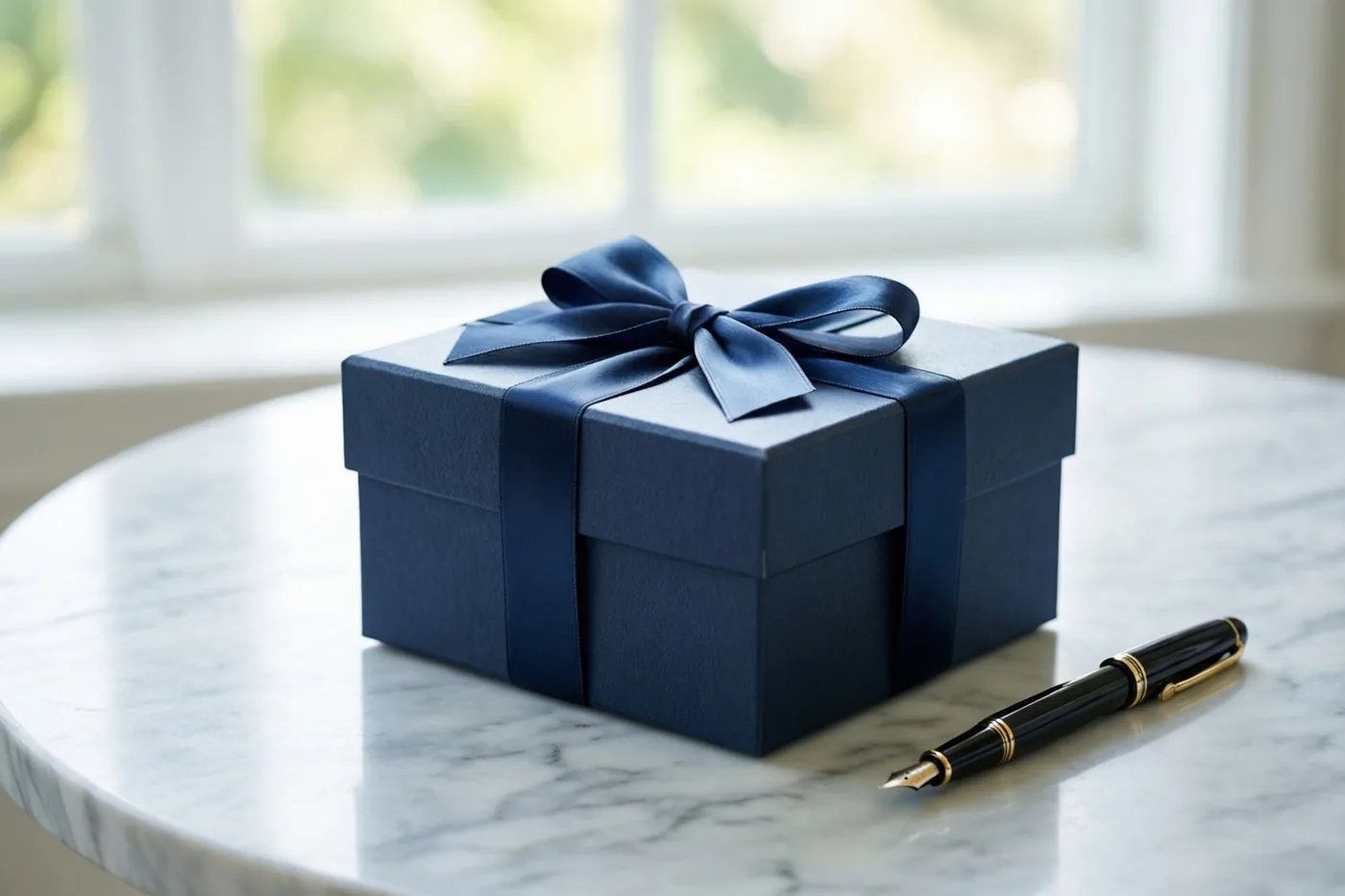Een donkerblauwe geschenkdoos met een bijpassende zijden strik staat naast een zwarte vulpen met gouden details op een witmarmeren bureau in zacht raamlicht.