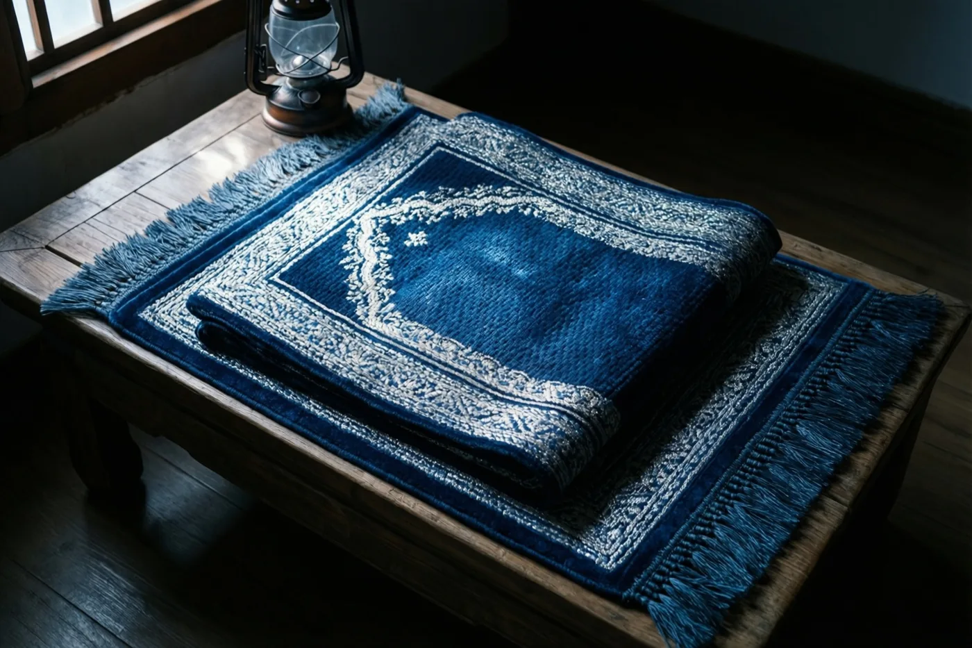 Een handgeweven blauw gebedskleed met wit borduurwerk ligt opgevouwen op een laag houten bankje naast een oude lantaarn, in zacht ochtendlicht van een raam.