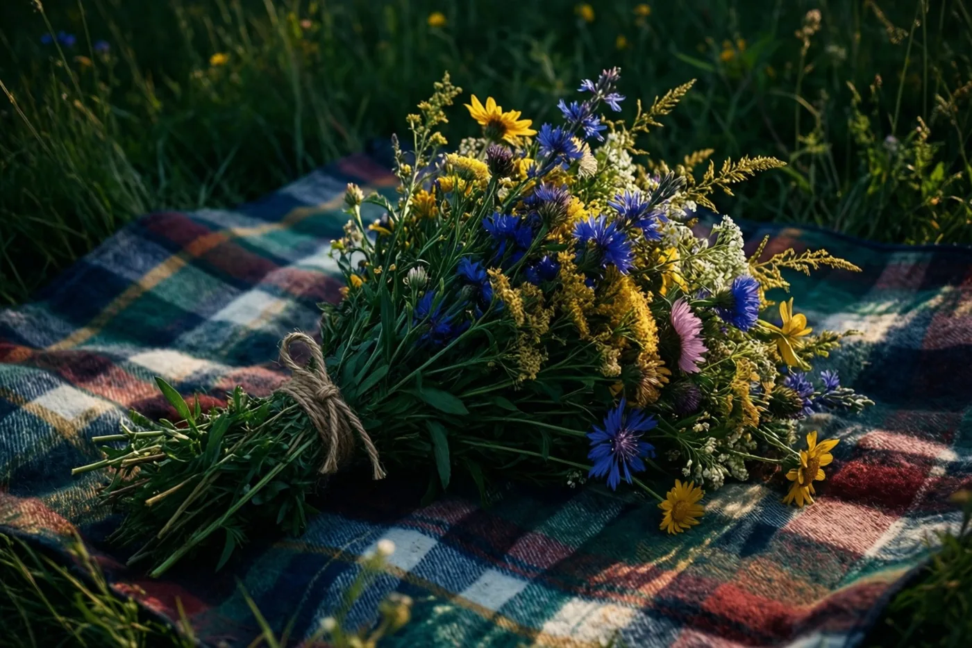 Een boeket wilde bloemen met blauwe korenbloemen en gele margrieten, bijeengehouden met touw, ligt op een kleurrijke geruite picknickdeken in een zonnig grasveld.