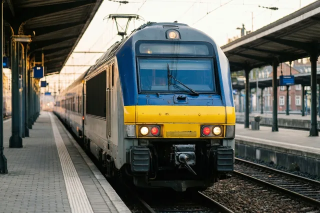 Een blauw-gele trein staat van voren gezien op de sporen aan een stationsperron in warm avondlicht.