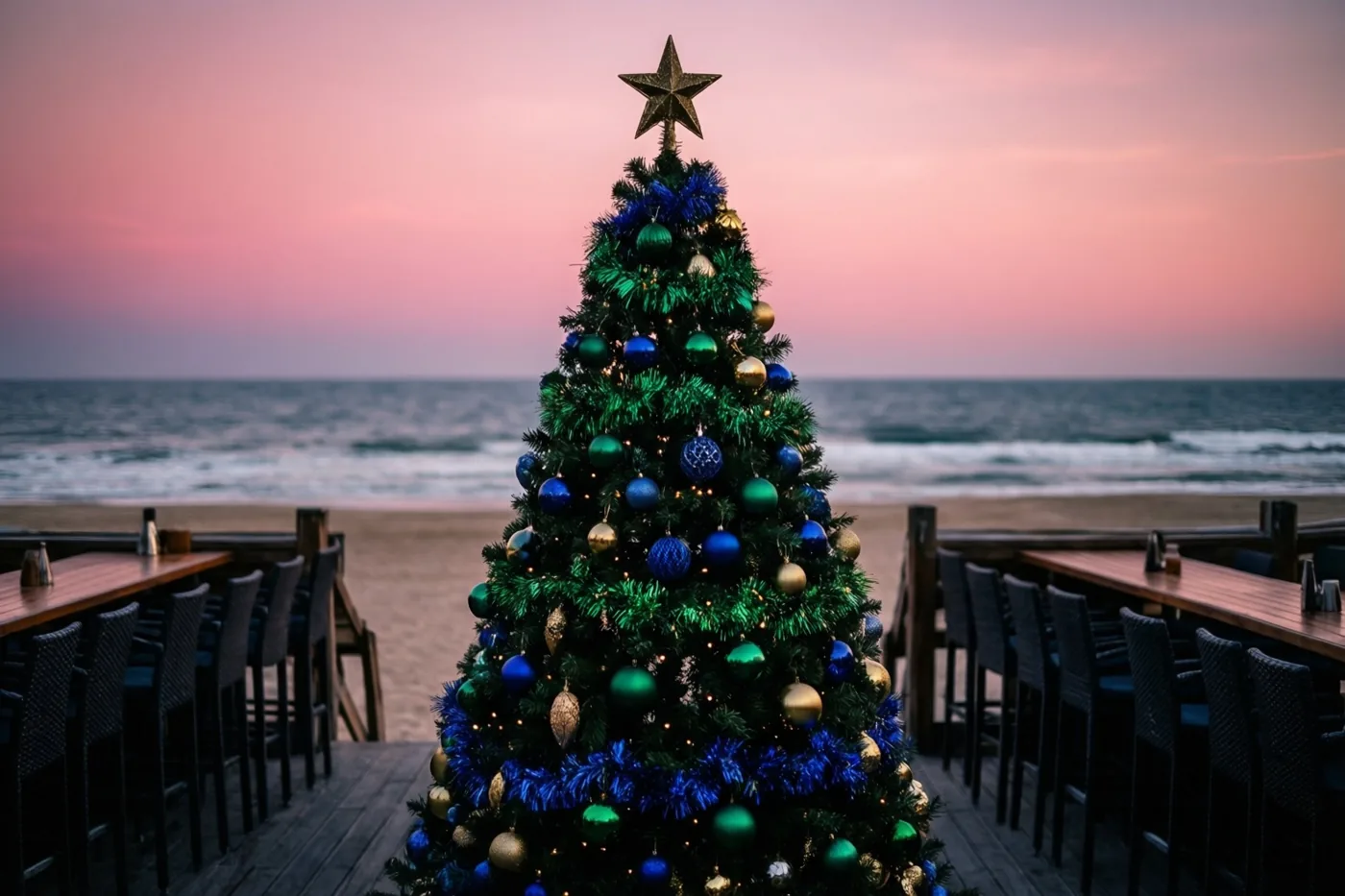 Een kerstboom met blauwe en gouden versieringen staat op het houten terras van een strandbar, met tafels en stoelen langs het zand en een roze avondlucht boven zee.