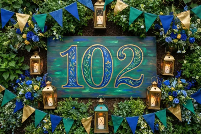 Een houten bord met 102 in blauw en goud staat in een tuin tussen groen, blauwe en gouden vlaggetjes en brandende lantaarns.
