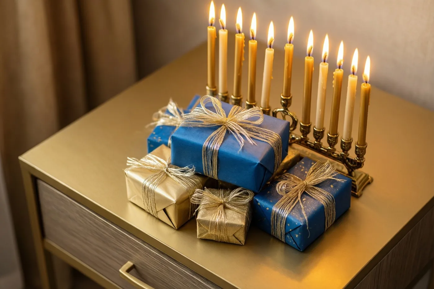 Cadeaus in blauw en goud papier liggen naast een brandende kandelaar op een goudkleurig afgewerkt dressoir.
