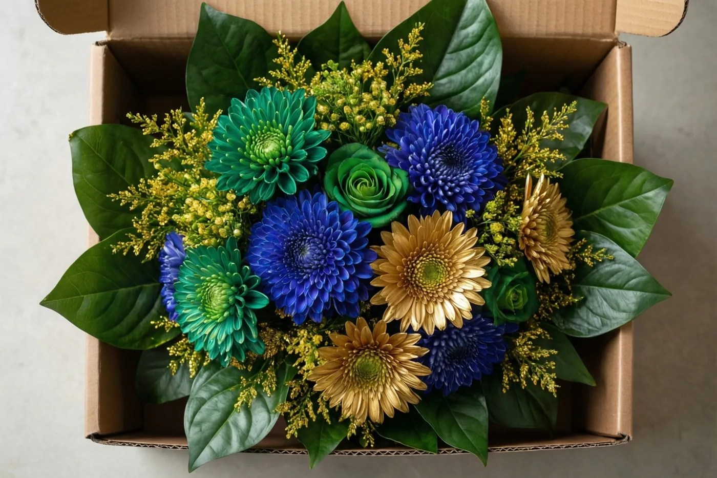Een boeket met blauwe, groene en goudkleurige bloemen en weelderige bladeren staat in een open kartonnen doos tegen een neutrale achtergrond.