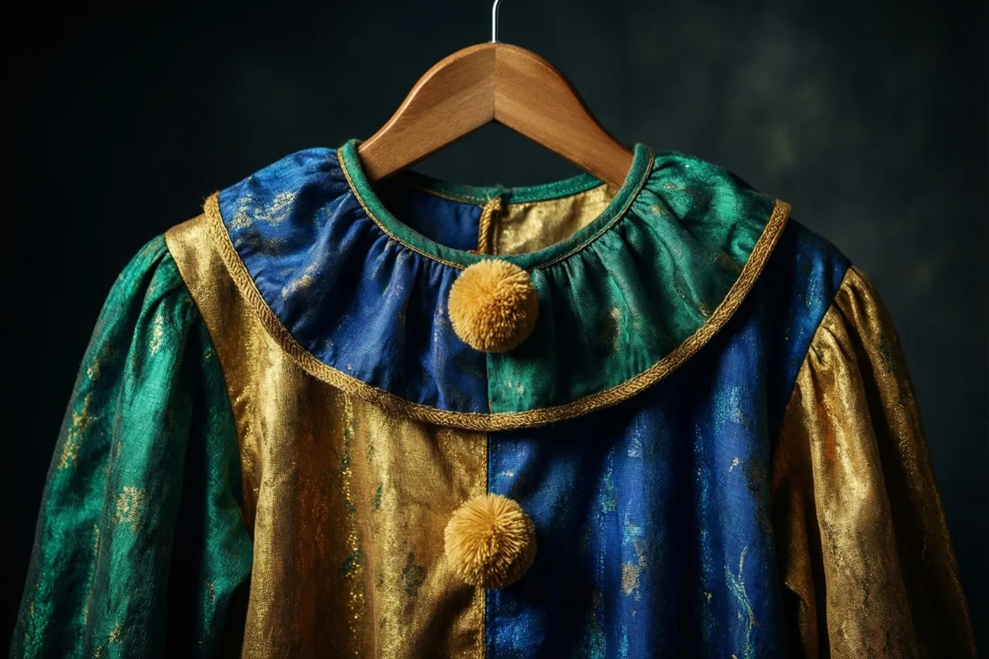 Een oud kinderclownspak in blauw en groen met pomponknopen en gouden afwerking hangt aan een houten kleerhanger tegen een donkere achtergrond.