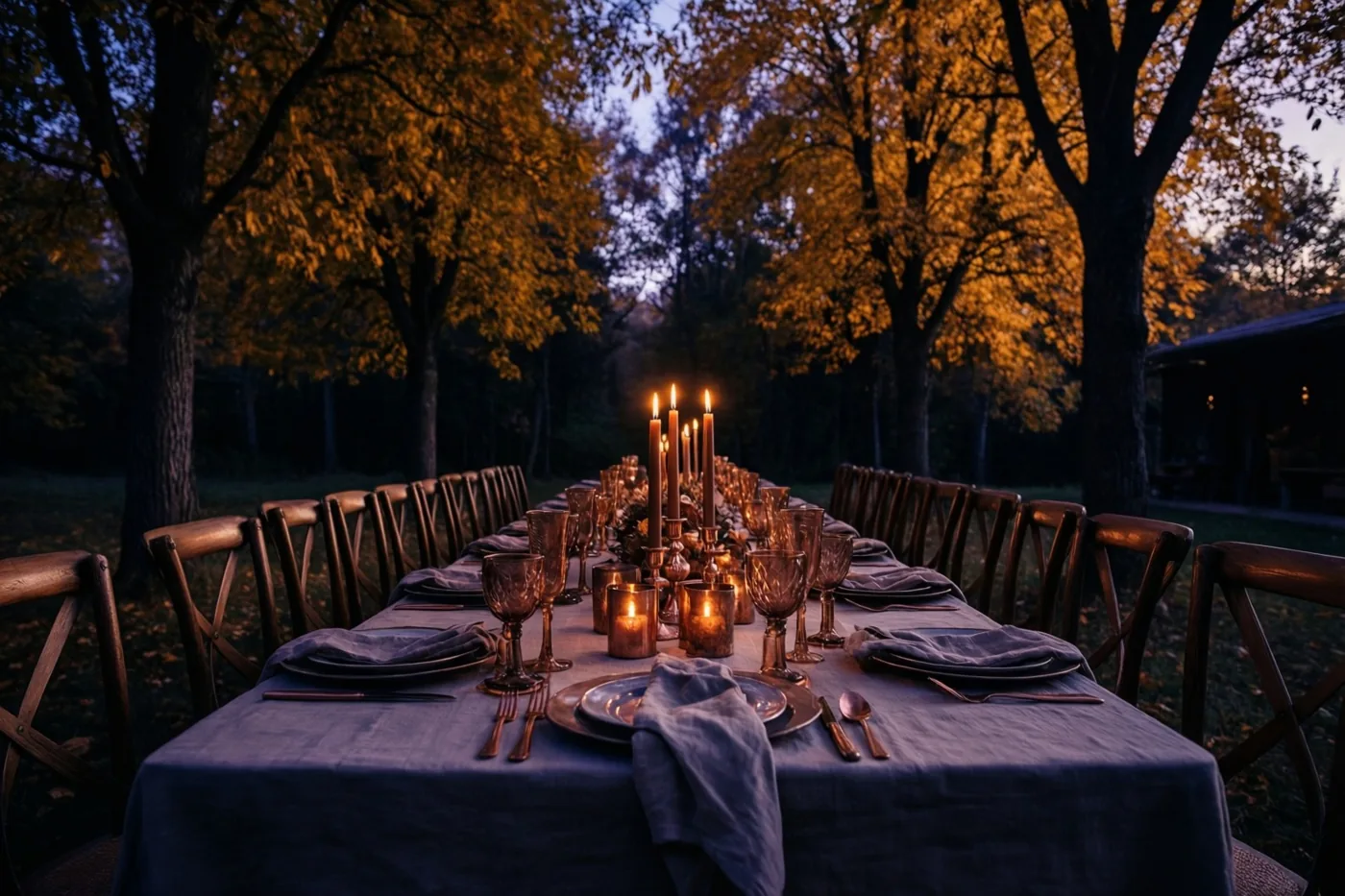 Een lange buitentafel met een blauw linnen tafelkleed, koperkleurige kaarsen en glazen staat in kaarslicht onder hoge bomen met gouden bladeren en een schemerige hemel.