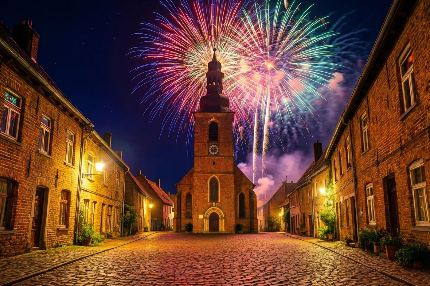 Blauw en paars vuurwerk verlicht de donkere hemel boven een bakstenen kerktoren op een gekasseid dorpsplein met oranje en gele straatverlichting.