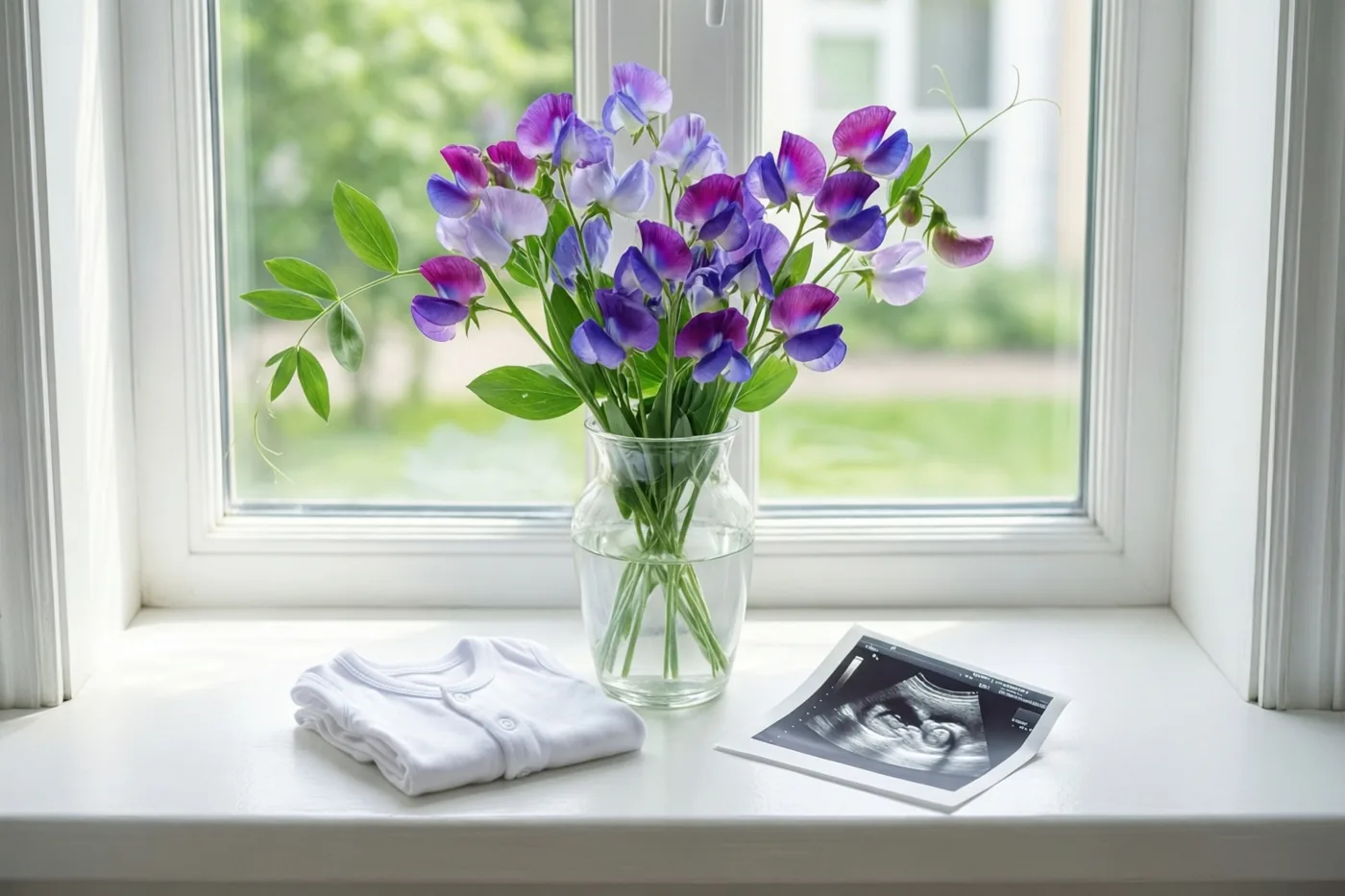 Op een witte vensterbank staan paarse en blauwe pronkerwten in een vaas naast een opgevouwen wit babypakje en een echofoto in zacht daglicht.