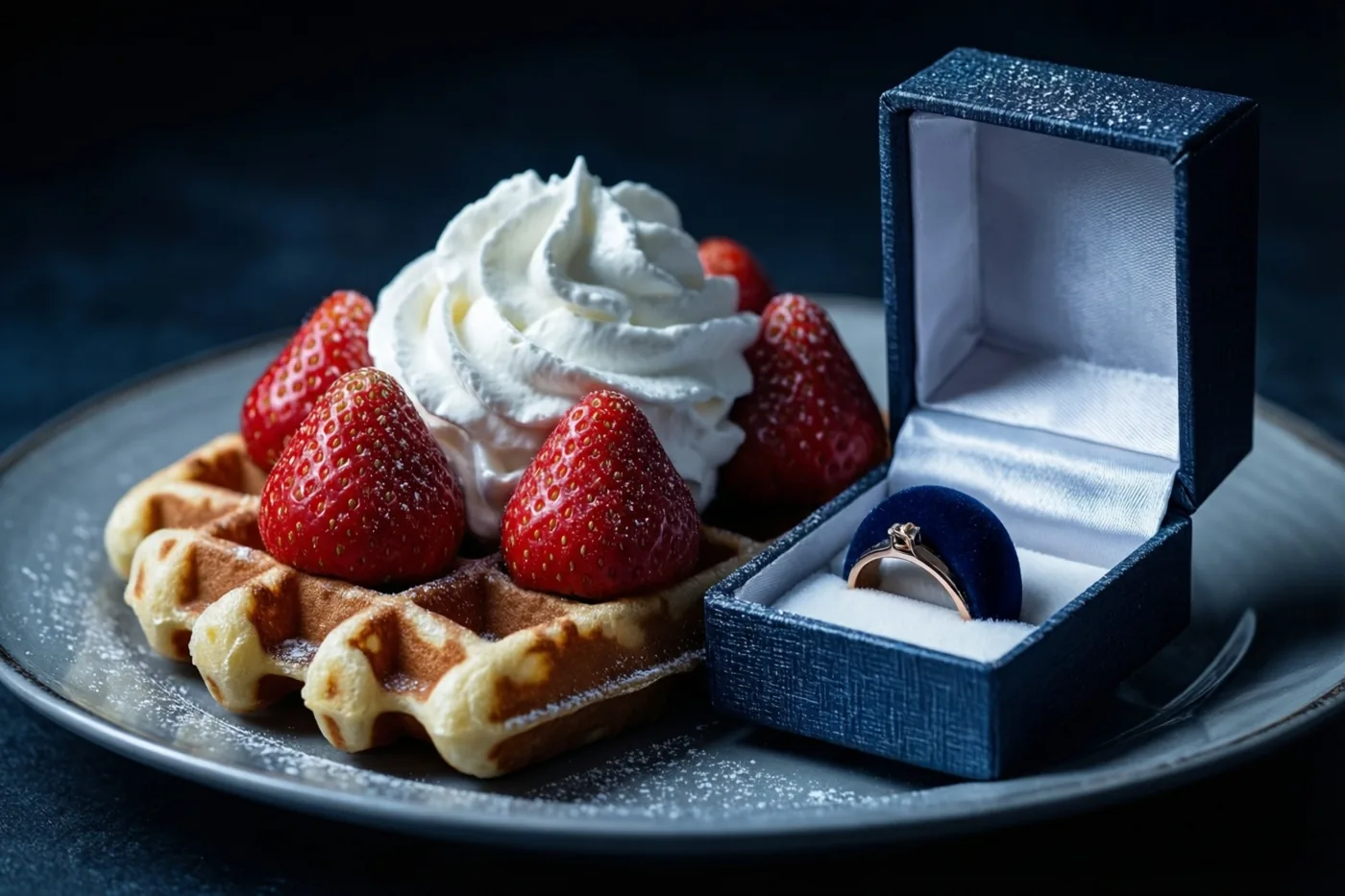 Een goudbruine wafel met verse aardbeien en een toef slagroom ligt op een bord naast een open blauw fluwelen doosje met een gouden verlovingsring, tegen een donkere achtergrond.