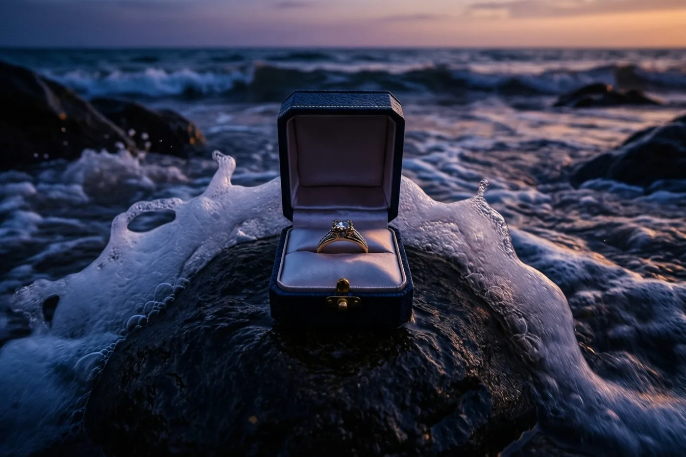 Een open donkerblauw ringdoosje met een gouden ring staat op een natte rots tussen golven en wit schuim, onder een paarse en oranje avondlucht.