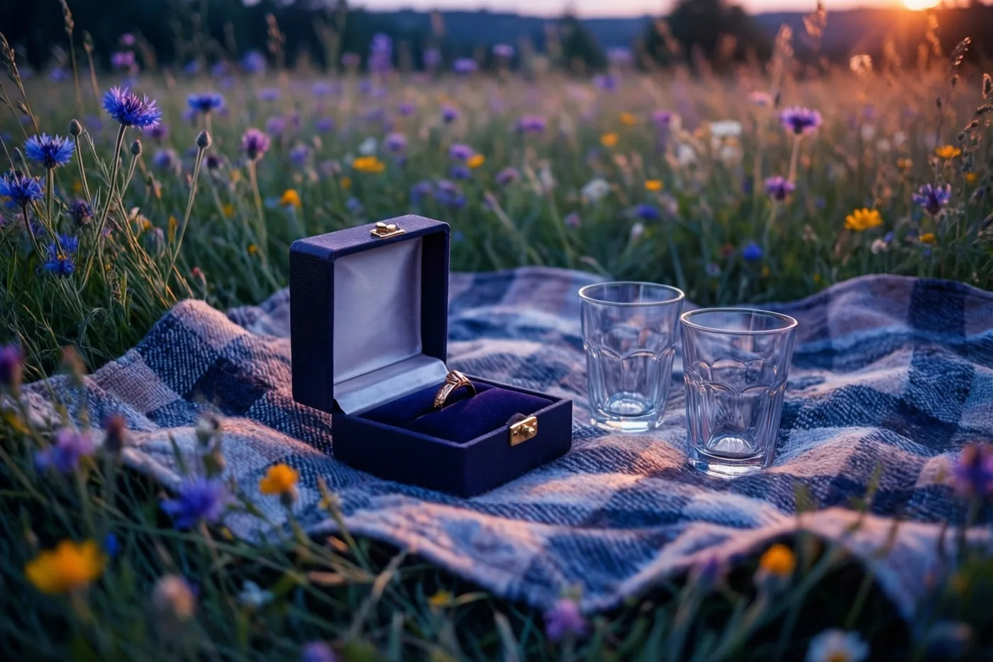 Een open donkerblauw ringdoosje met een gouden ring staat op een blauw-wit geruit picknickdeken tussen paarse en gele veldbloemen bij zonsondergang.