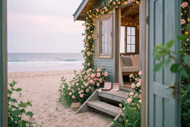 Verloofd bij een blauw strandhuisje