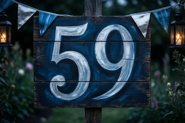 Een donkerblauw houten bord met 59 in het wit staat in een tuin bij schemering, tussen vlaggetjes en brandende lantaarns.