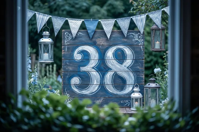 Door een raamkozijn zie je een blauw houten bord met 38 in witte verf in een tuin tussen vlaggetjes en lantaarns, met groen op de voorgrond.