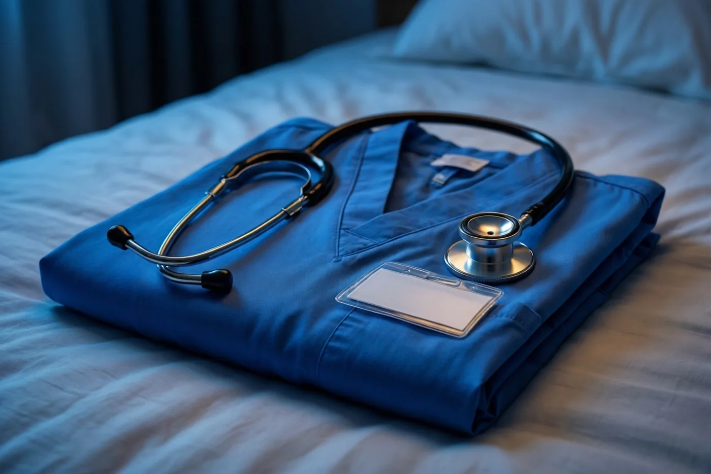 Een opgevouwen blauw medisch uniform met een blanco naambadge en een stethoscoop ligt op een bed, bij koel blauw licht.