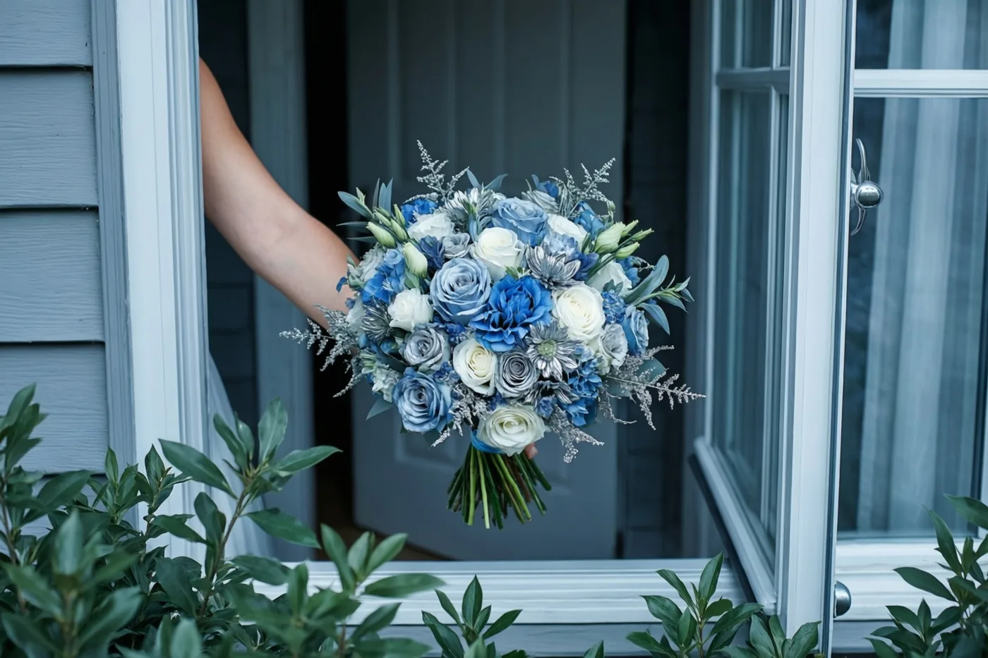 Een hand steekt een blauw-wit boeket van achter een open deur naar buiten, bij een lichtblauwe gevel met groen op de voorgrond.