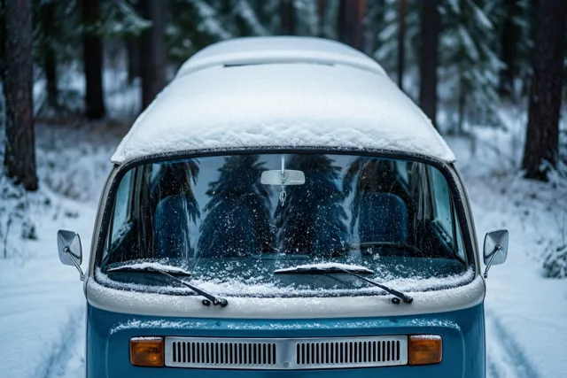 Een oude camper in winterrust